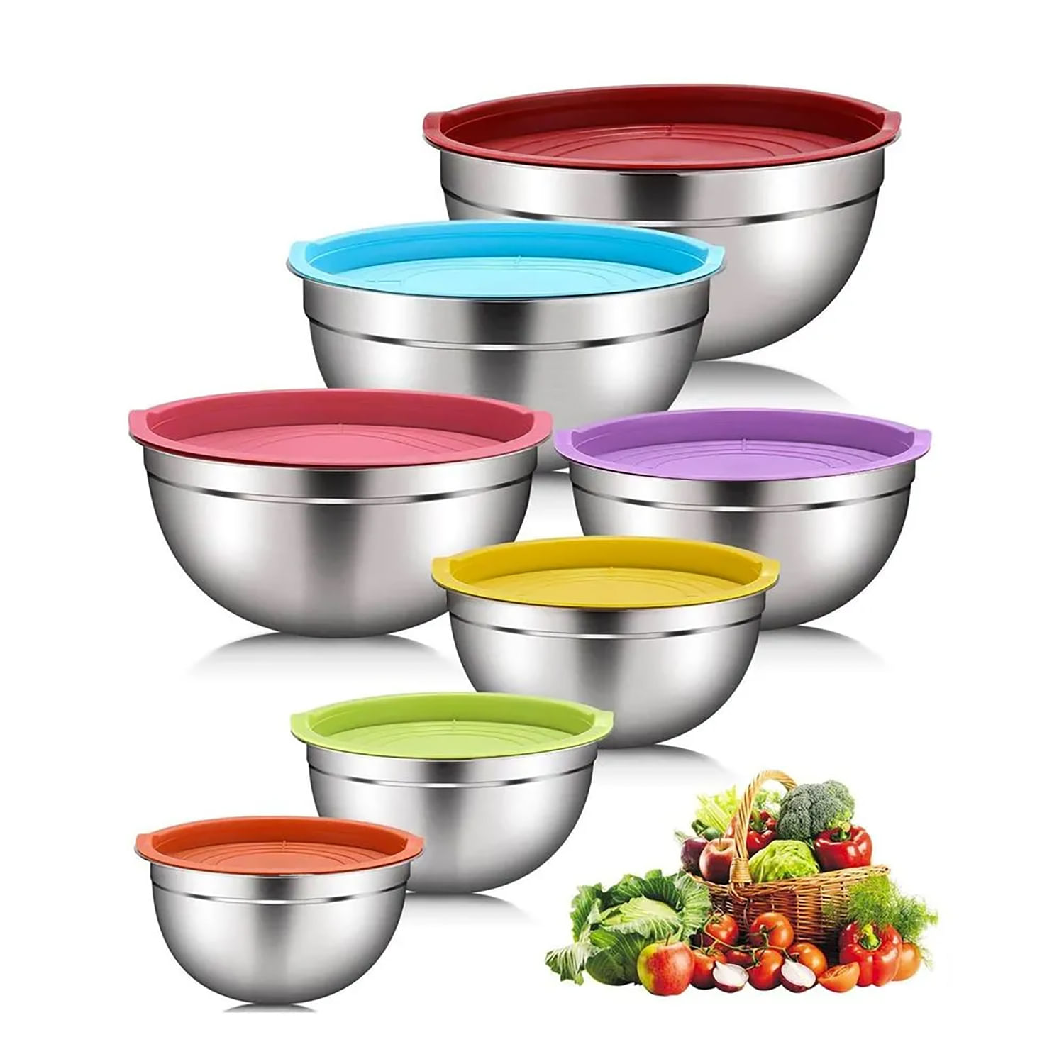 Juego de Tazones Multiuso Bowl Acero Inoxidable 7 PZ tapas de colores