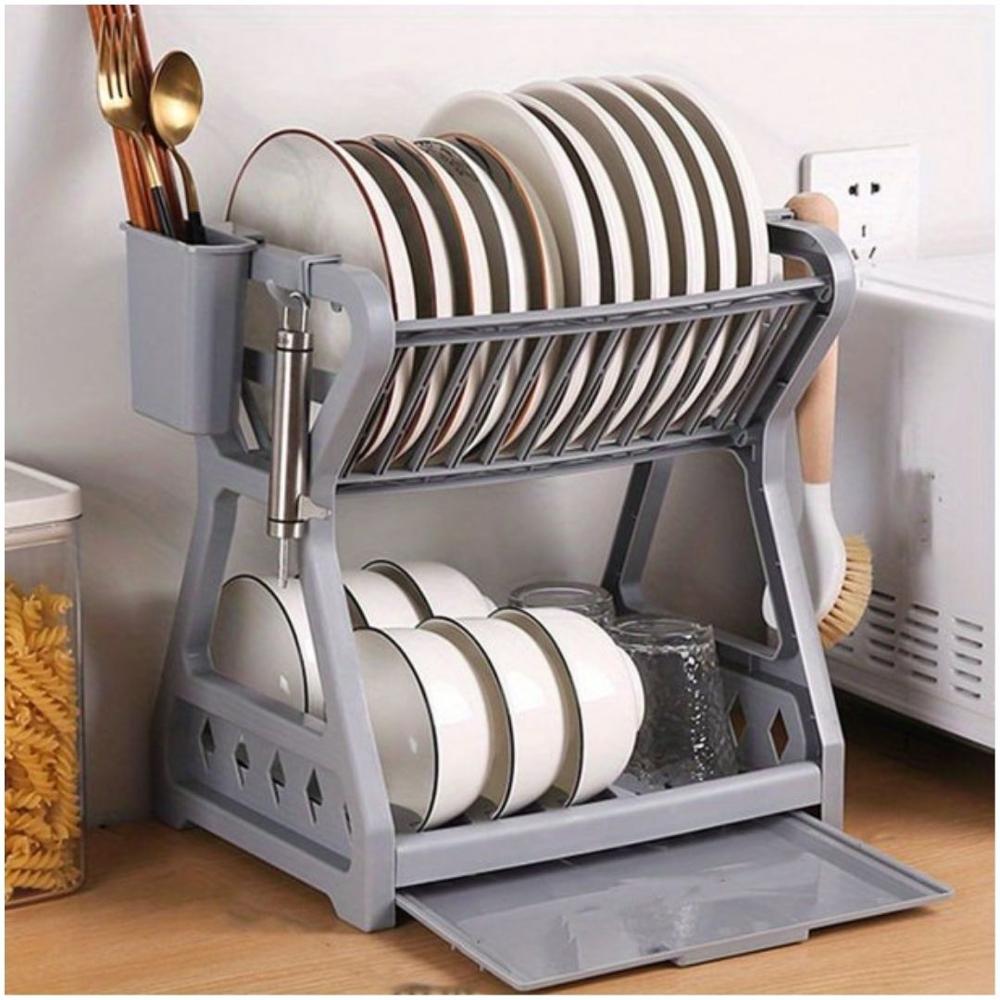 Escurridor de Platos Vajilla 2 Niveles con Soporte para Cubiertos y Bandeja de Goteo