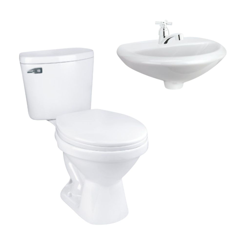 COMBO Trebol: Inodoro 2 Piezas Blanco Rapid Jet Universal + Lavatorio Eco + Llave de Lavatorio Brisa Plata Cromada