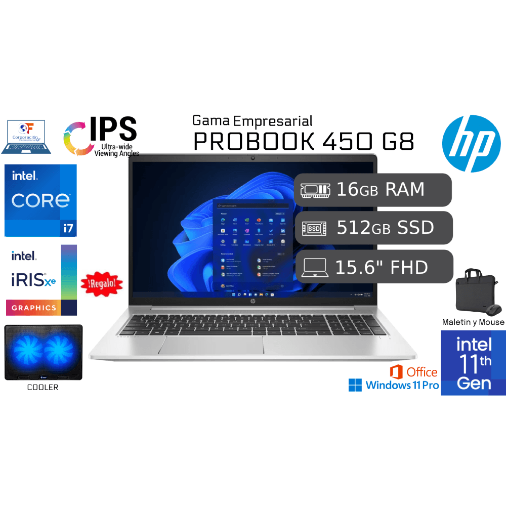 HP ProBook 450 G8 i7-1165G7 16gb RAM 512gb SSD IPS Reacondicionada 1 Año Garantía  COOLER MOUSE