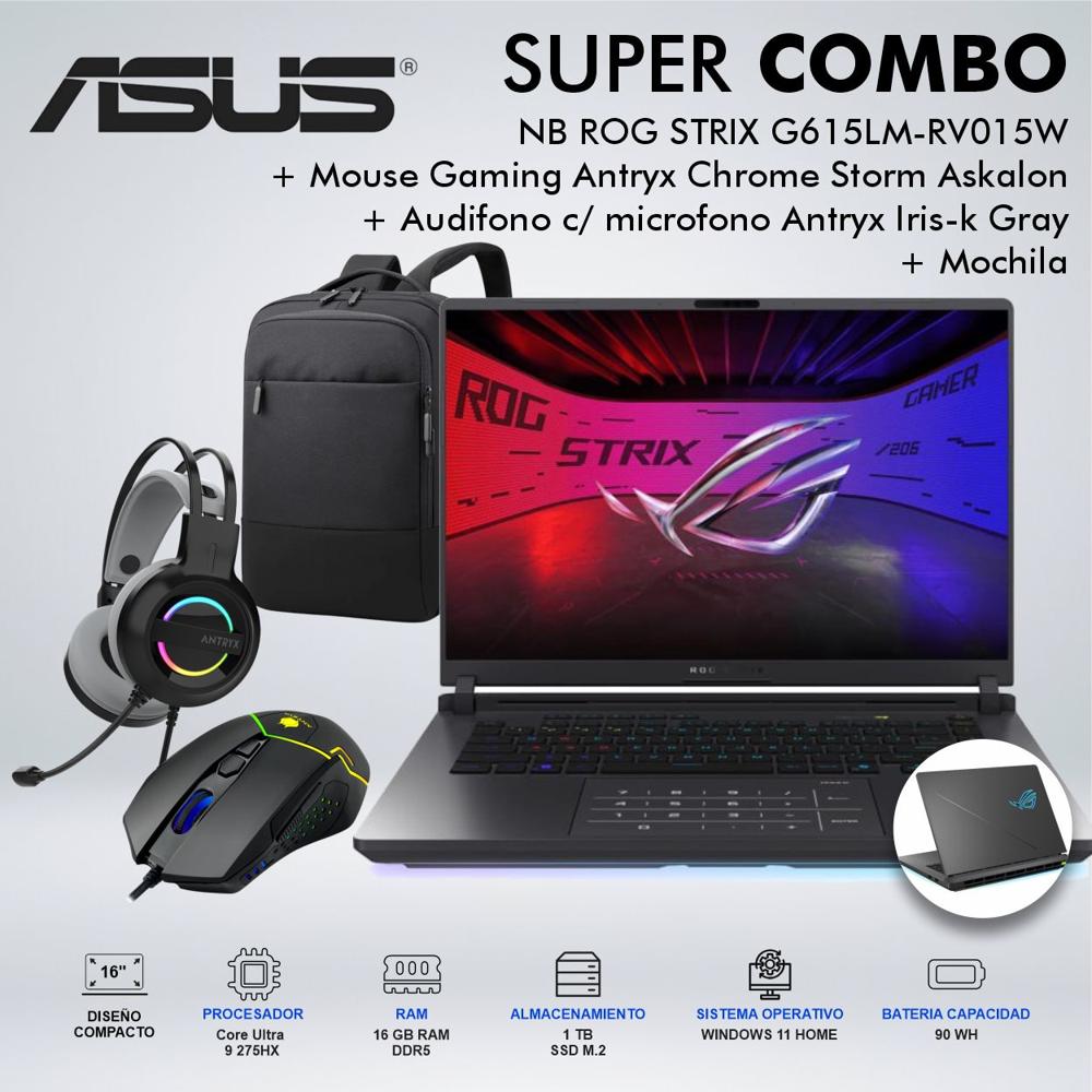 LAPTOP ASUS  ROG STRIX G615LM-RV015W 16 PULGADAS  CORE ULTRA 9 275HX MEMORIA 16GB DISCO 1TB SSD M.2