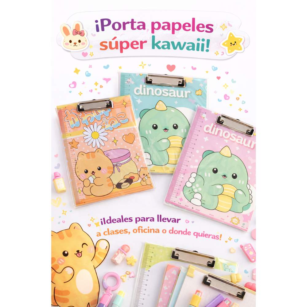 Tablero porta documentos kawaii con clip Pack x 3 diseños
