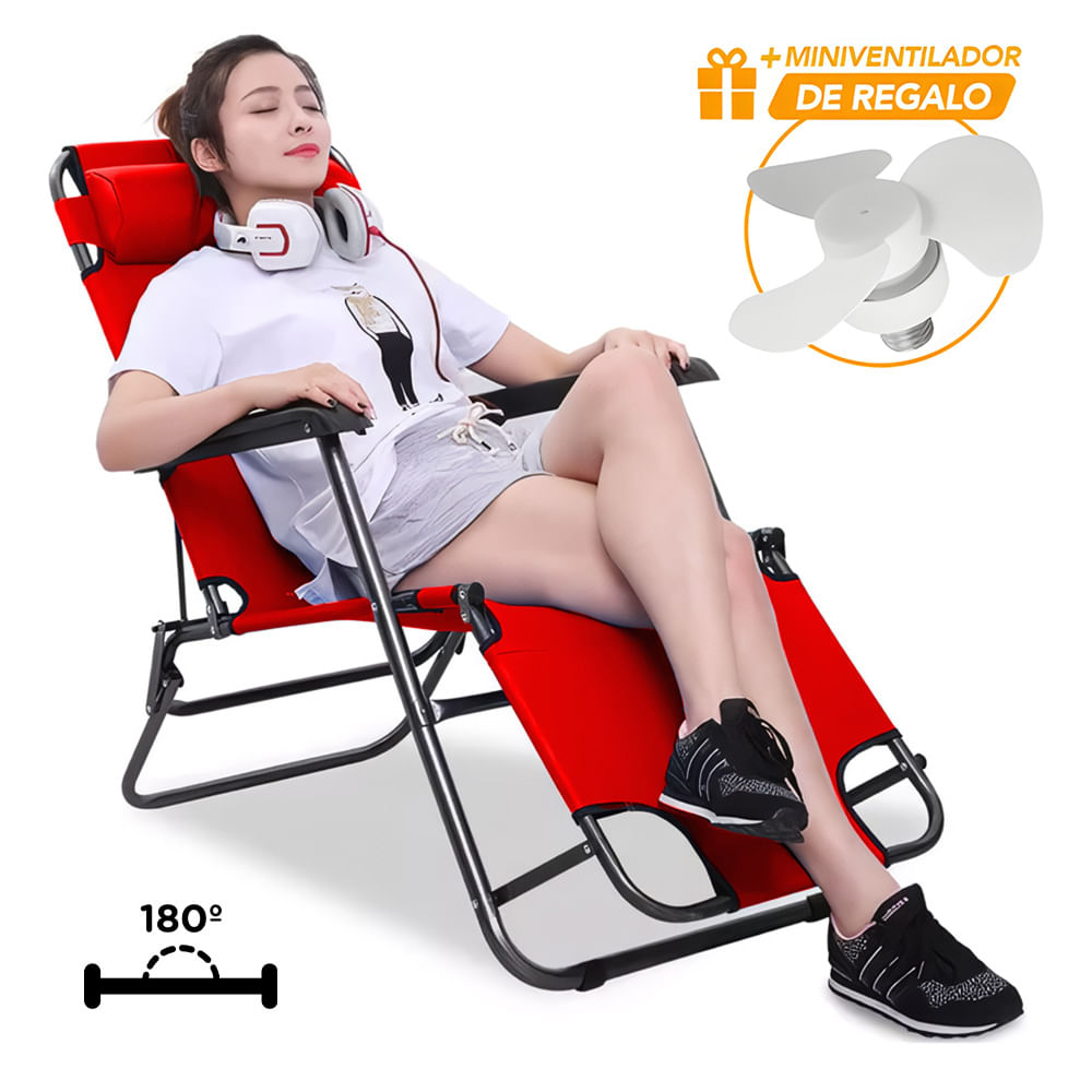 Silla Camping Reclinable 180° Plegable Rojo HN3 y Ventilador GF0 de Regalo