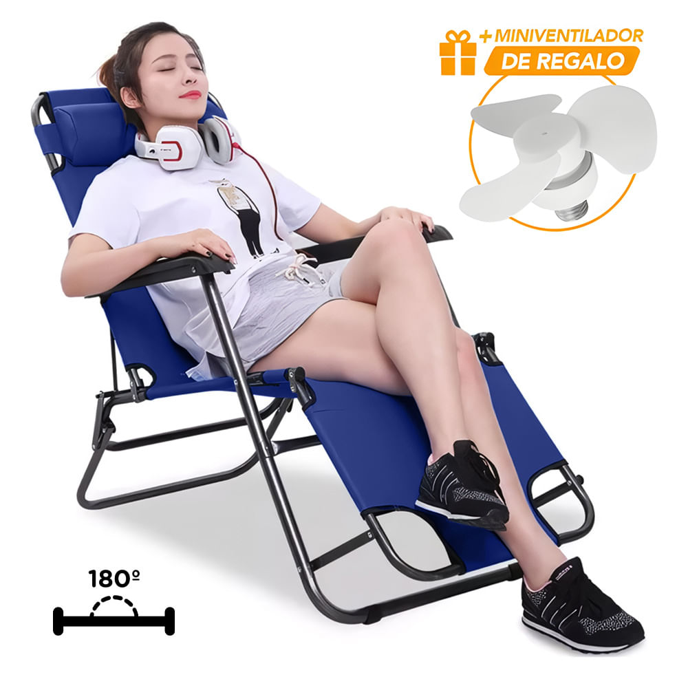 Silla Camping Reclinable 180° Plegable Azul HN3 y Ventilador GF0 de Regalo