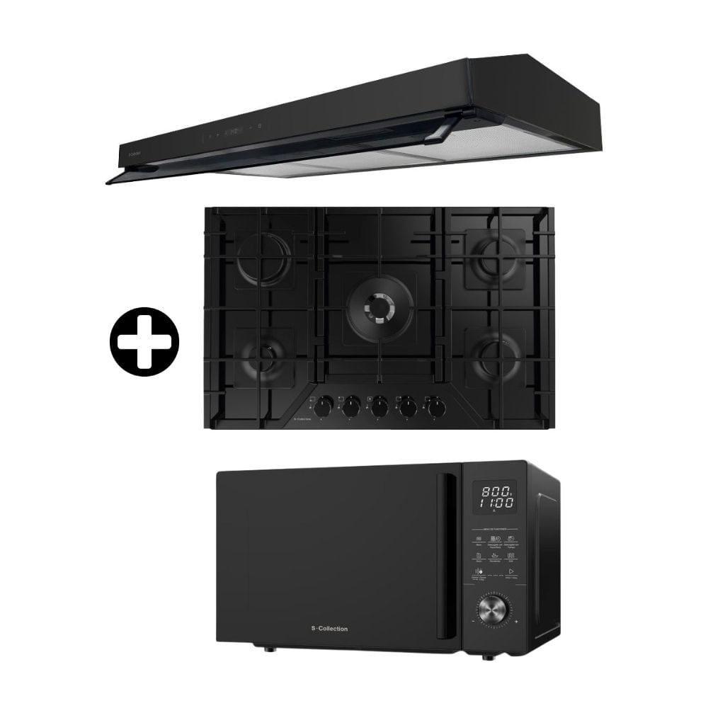COMBO Encimera 76cm SOLCO060 Vidrio Templado + Campana 90cm Black Touch Free + Horno Microondas 26L 3 en 1 Grill Black