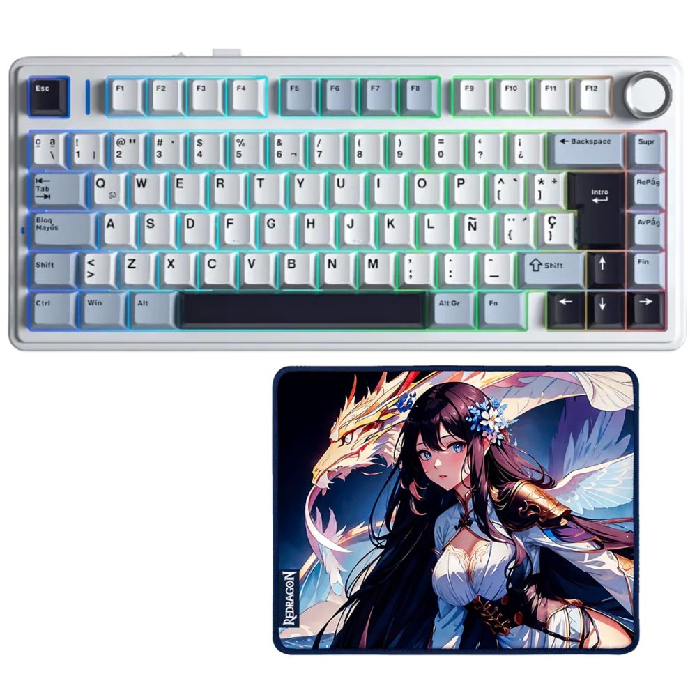 Teclado Aula F75 RGB Inalambrico Blanco y Negro Switch Reaper y Mouse Pad Redragon AK1S