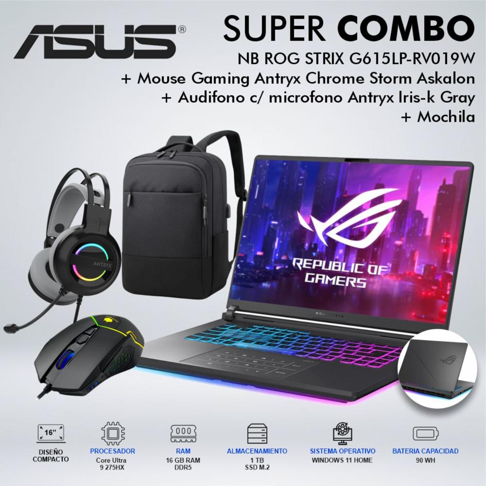 LAPTOP ASUS ROG STRIX G615LP-RV019W 16 PULGADAS Core Ultra 9 275HX MEMORIA 16GB DISCO 1TB SSD M.2