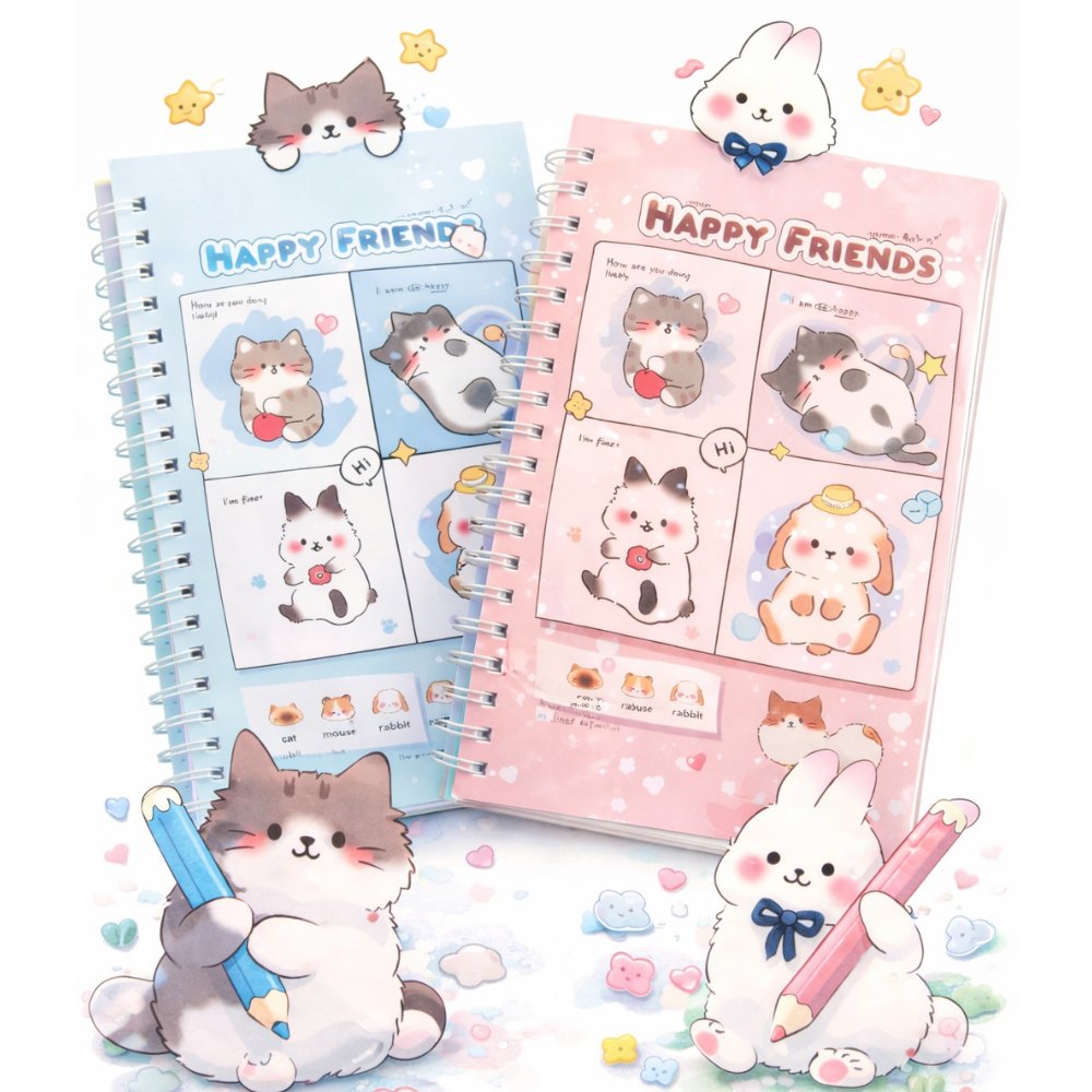 Cuaderno kawaii A5 Happy Friends Pack x2 celeste y crema