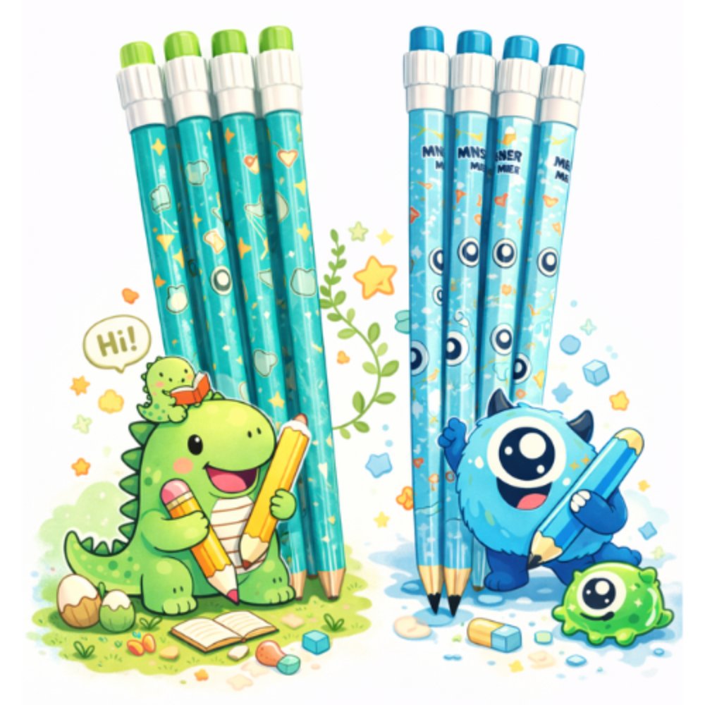 Pack de lápices 12 unidades con tajador y protector Pack x 2 Dino y Monstruo