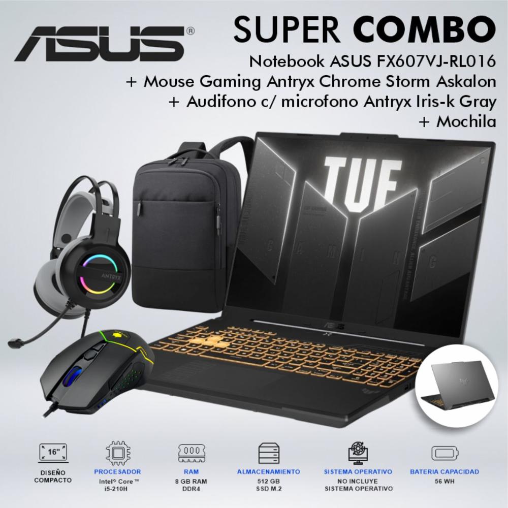 LAPTOP ASUS FX607VJ-RL016 16 PULGADAS CORE 5 210H HASTA 4.8GHZ MEMORIA 8GB DISCO 512GB SSD M.2