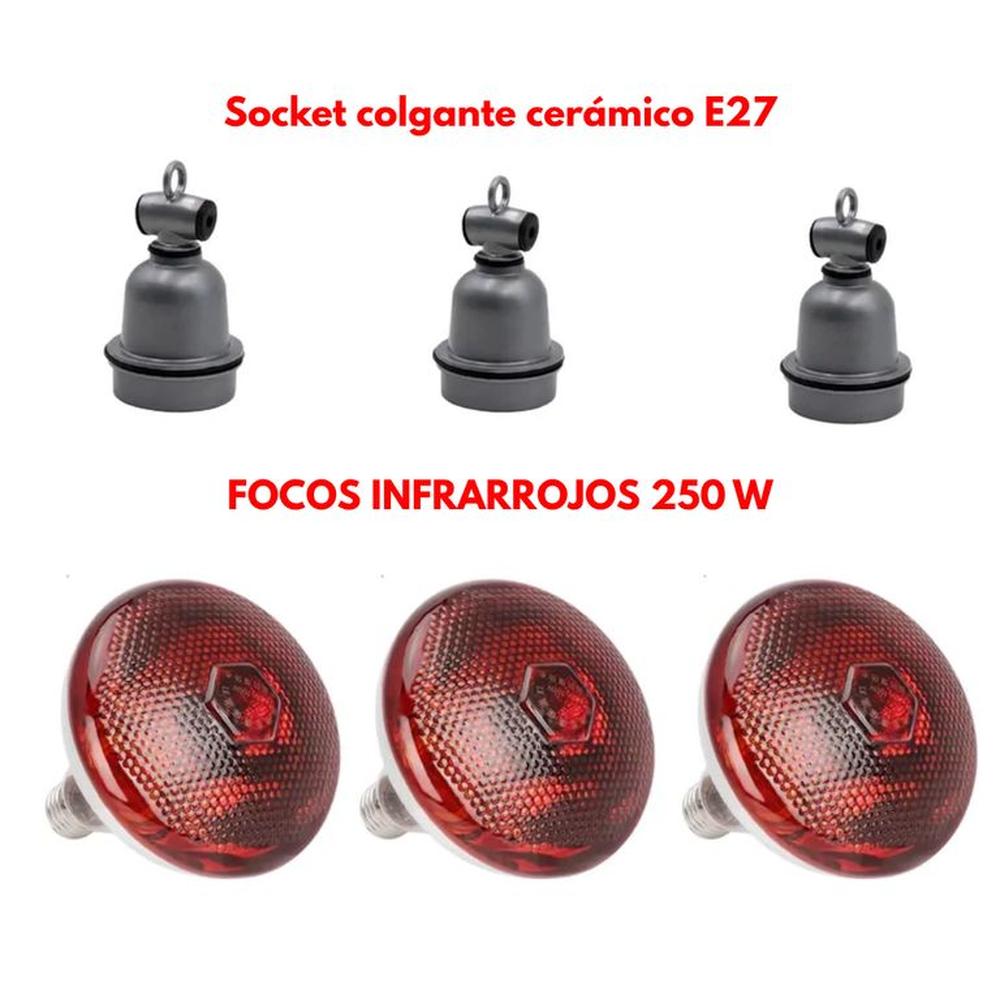 COMBO 3 SOCKETS CERÁMICOS E27 3 FOCOS INFRARROJOS 250W