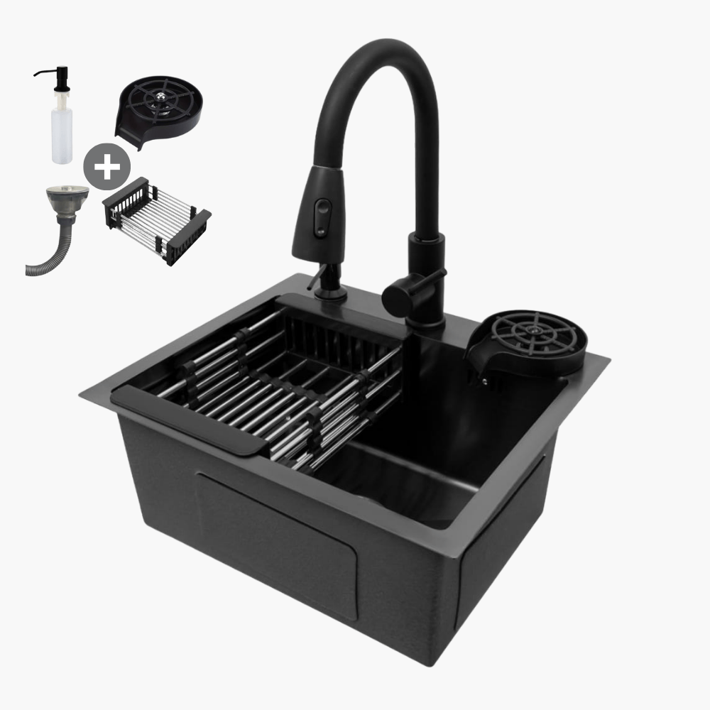 Combo Lavadero de Cocina negro mate 46x46 Kit completo 5 en 1