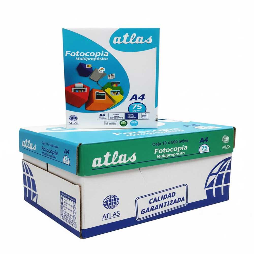 Caja Papel Bond Atlas A4 75gr X 10 Paquetes De 500 Hojas