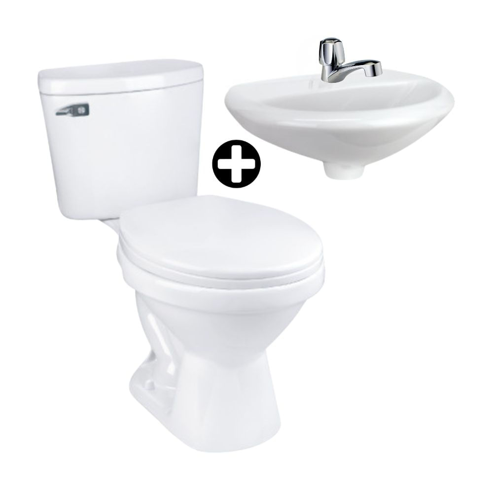 COMBO Trebol: Inodoro 2 Piezas Blanco Rapid Jet Universal + Lavatorio Eco + Llave de Lavatorio Grazia Baja Plata Cromada