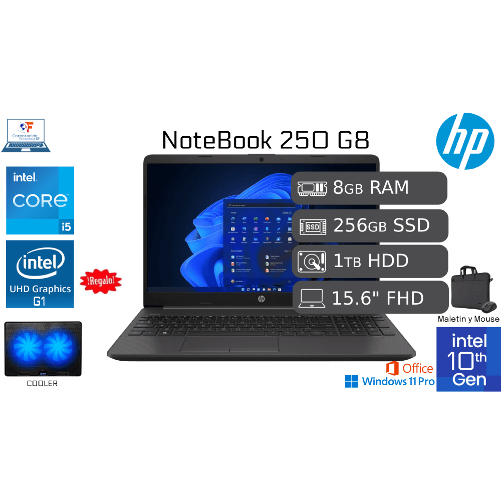 Hp 250 G8 I5 10ma 8GB RAM 256GB SSD 1TB HDD 15.6 IPS Reacondicionada 1 Año Garantía COOLER