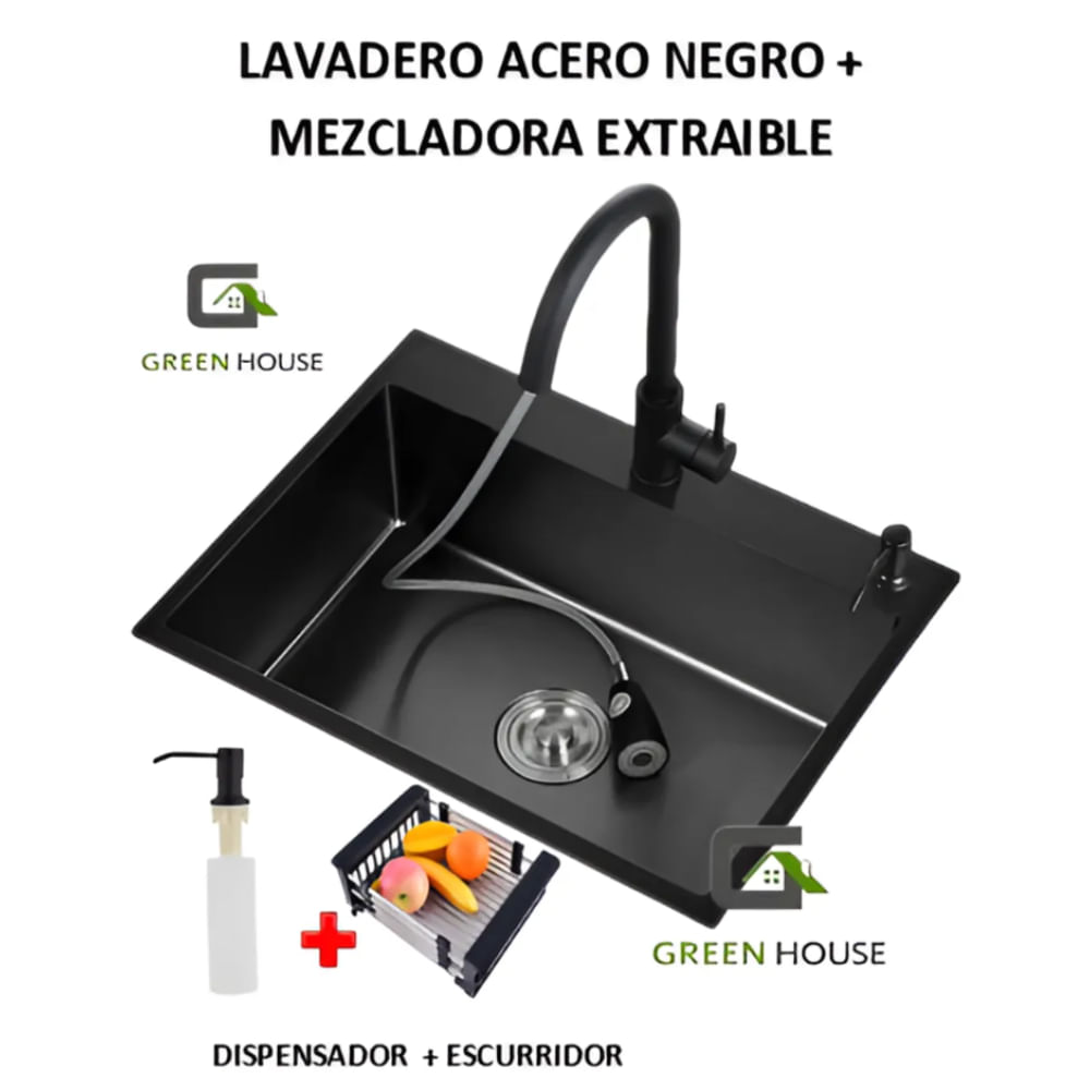 COMBO LAVADERO 60X45X23CM NEGRO MEZCLADORA EXTRAIBLE NEGRA