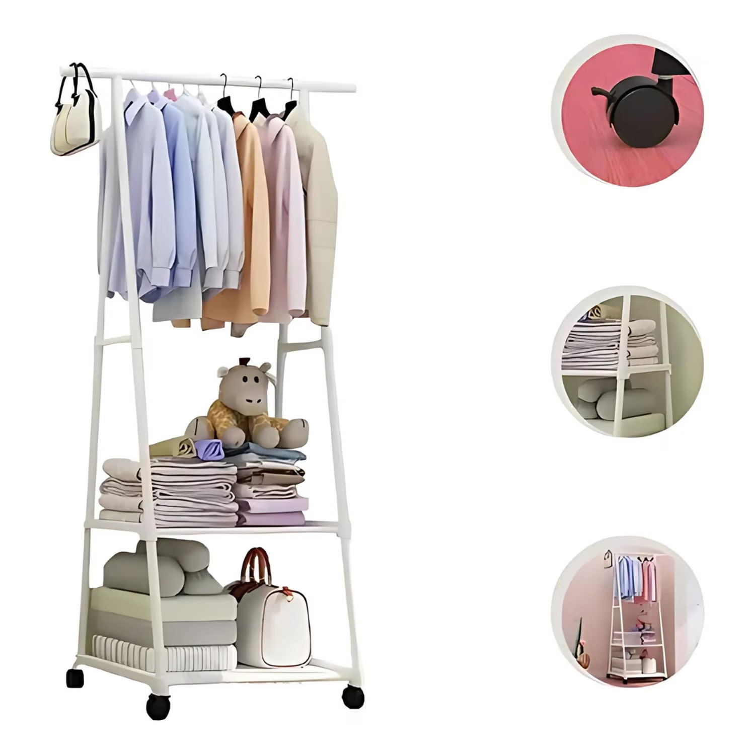 Colgador Perchero de Ropa con Zapatera de 3 Niveles con Ruedas