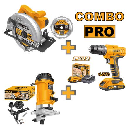 Combo Sierra Circular Ingco 1400W CS18538 con Atornillador 20V CDLI200518 con Ruteadora 600W PLM6001
