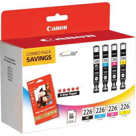 Paquete de Tanques de Tinta Canon Cli 226 de Cuatro Colores con 50 Hojas de Papel Fotográfico de 4.0 723294-REG Paquete de Tanques de Tinta Canon Cli 226 de Cuatro Colores con 50 Hojas de Papel Fotográfico de 4.0 723294-REG