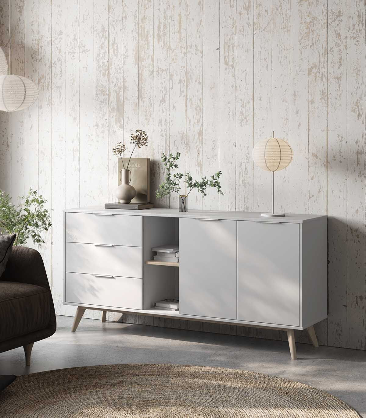 Aparador Largo Clásico 3 cajones 2 puertas Ventura color Blanco TU MESITA