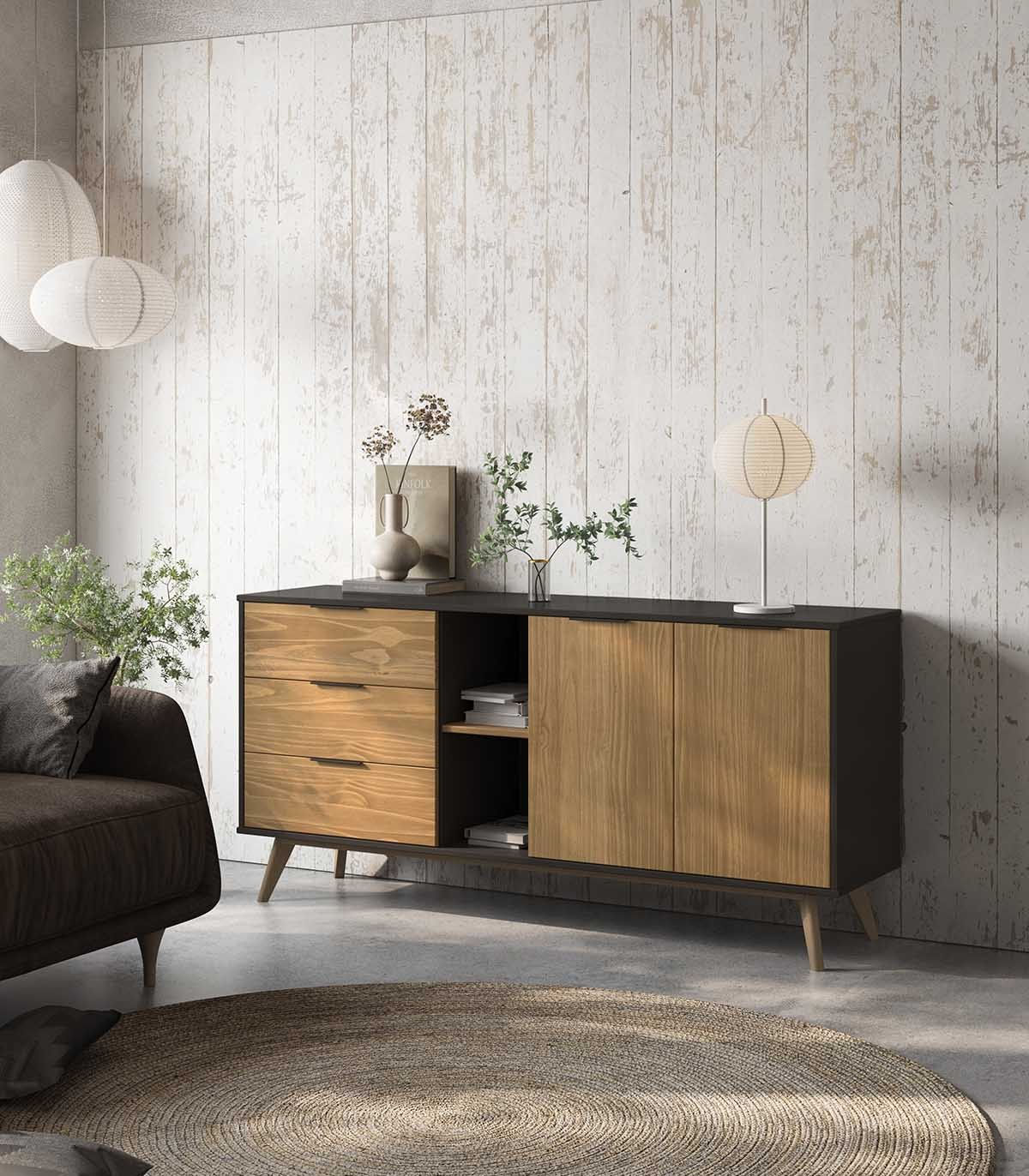 Aparador Largo Clásico 3 cajones 2 puertas Ventura color Haya/Negro TU MESITA