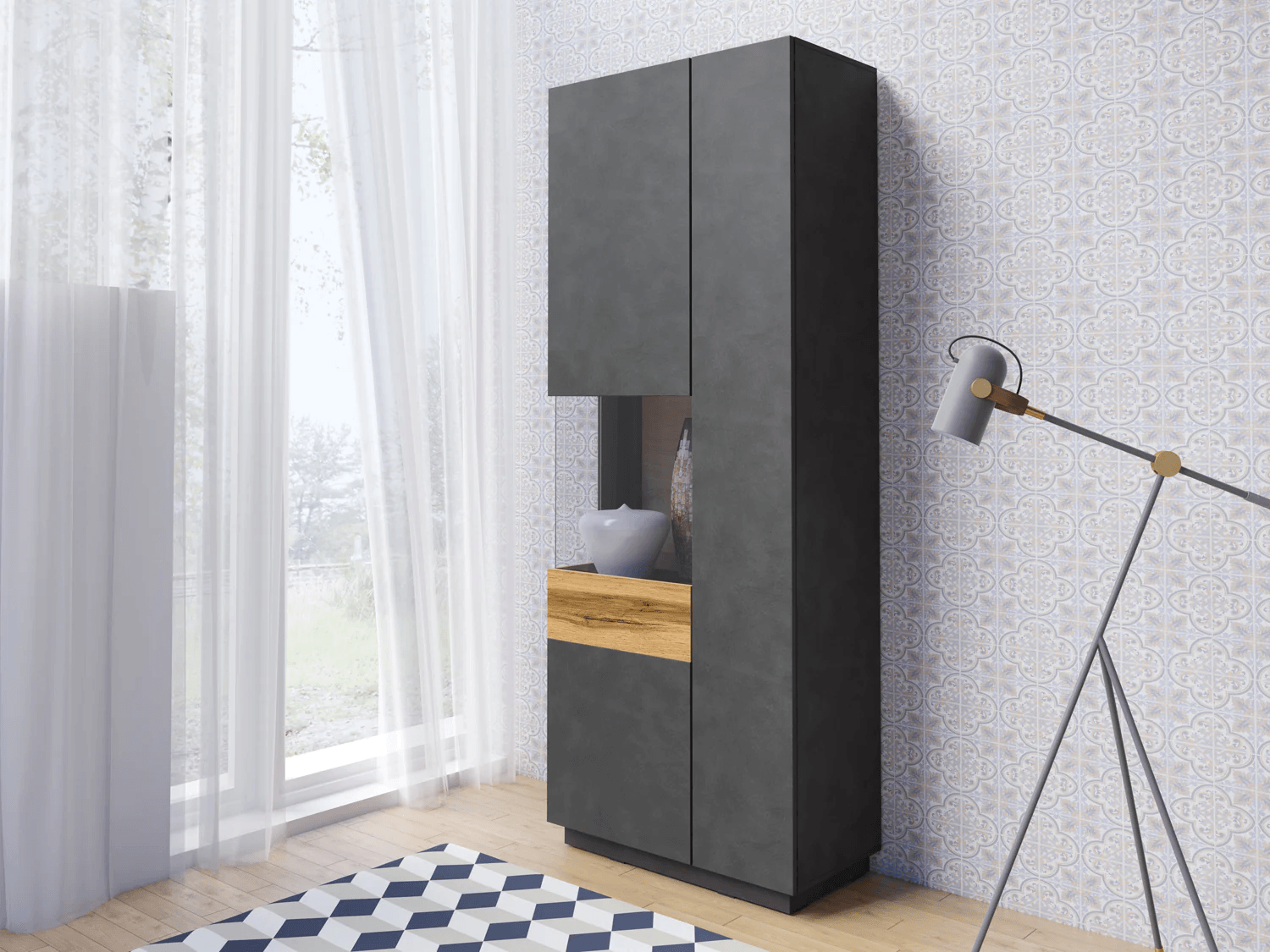 Vitrina Moderna color Negro/Duna Katamarina 2 puertas con vidrio TU MESITA