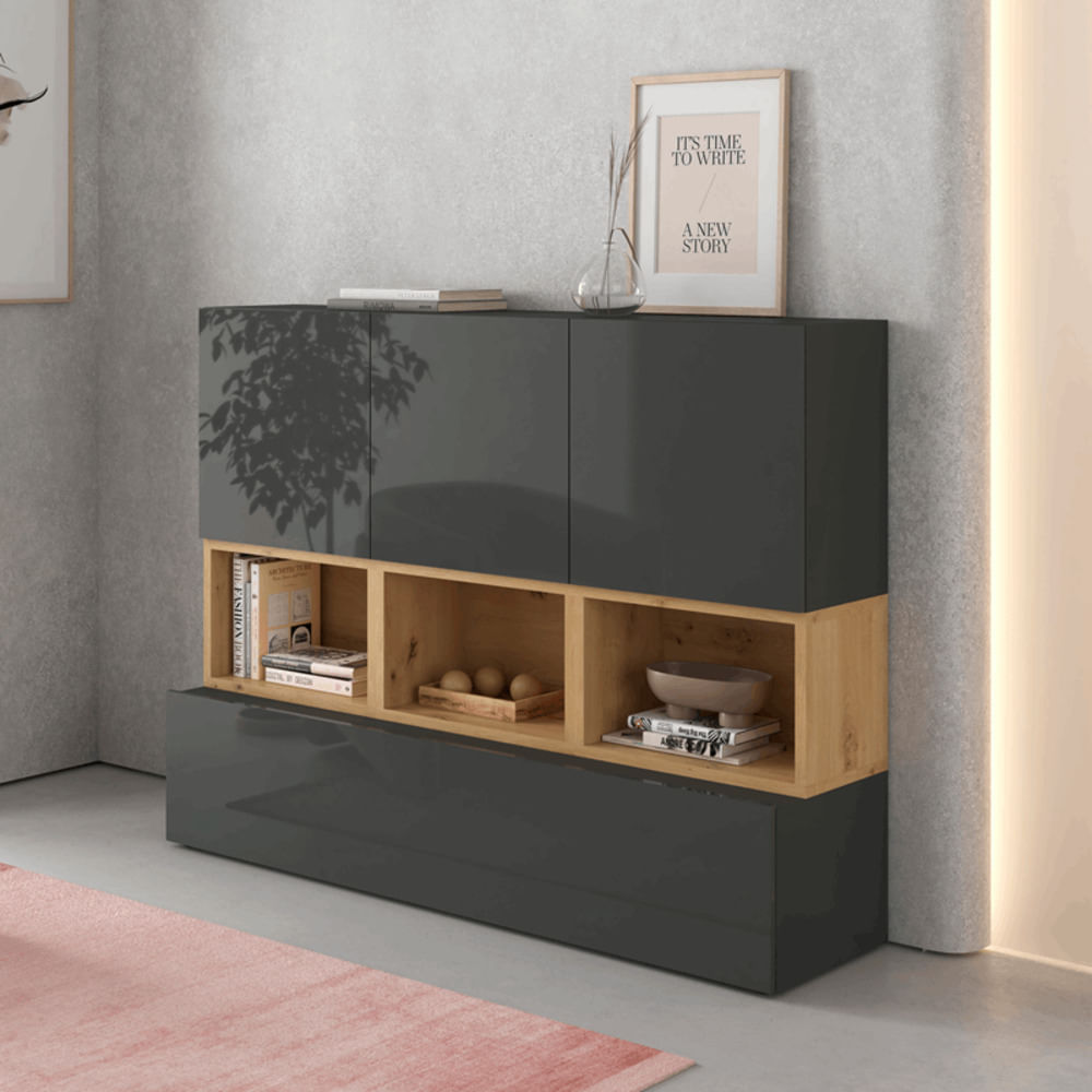 Aparador Recibidor Moderno Charlie color Negro/Marrón TU MESITA 3 cajones 1 puerta