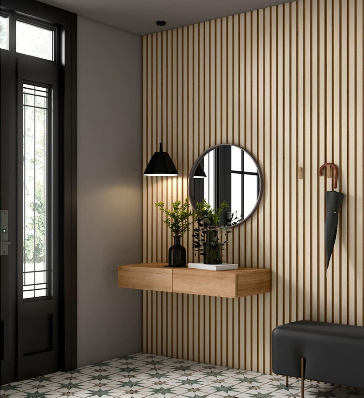 Recibidor Panelado con Espejo Imagine color Duna TU MESITA 2 cajones