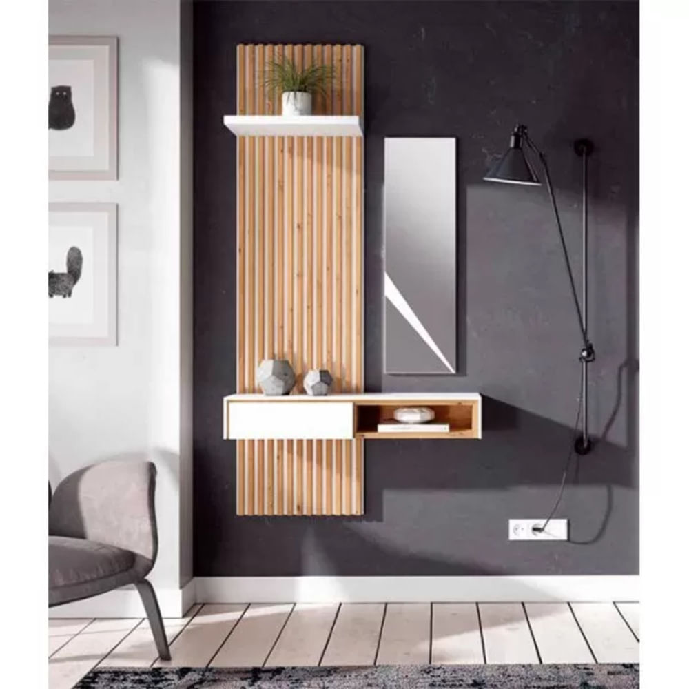 Recibidor Minimalista Akela con Espejo y Paneles color Blanco/Duna TU MESITA