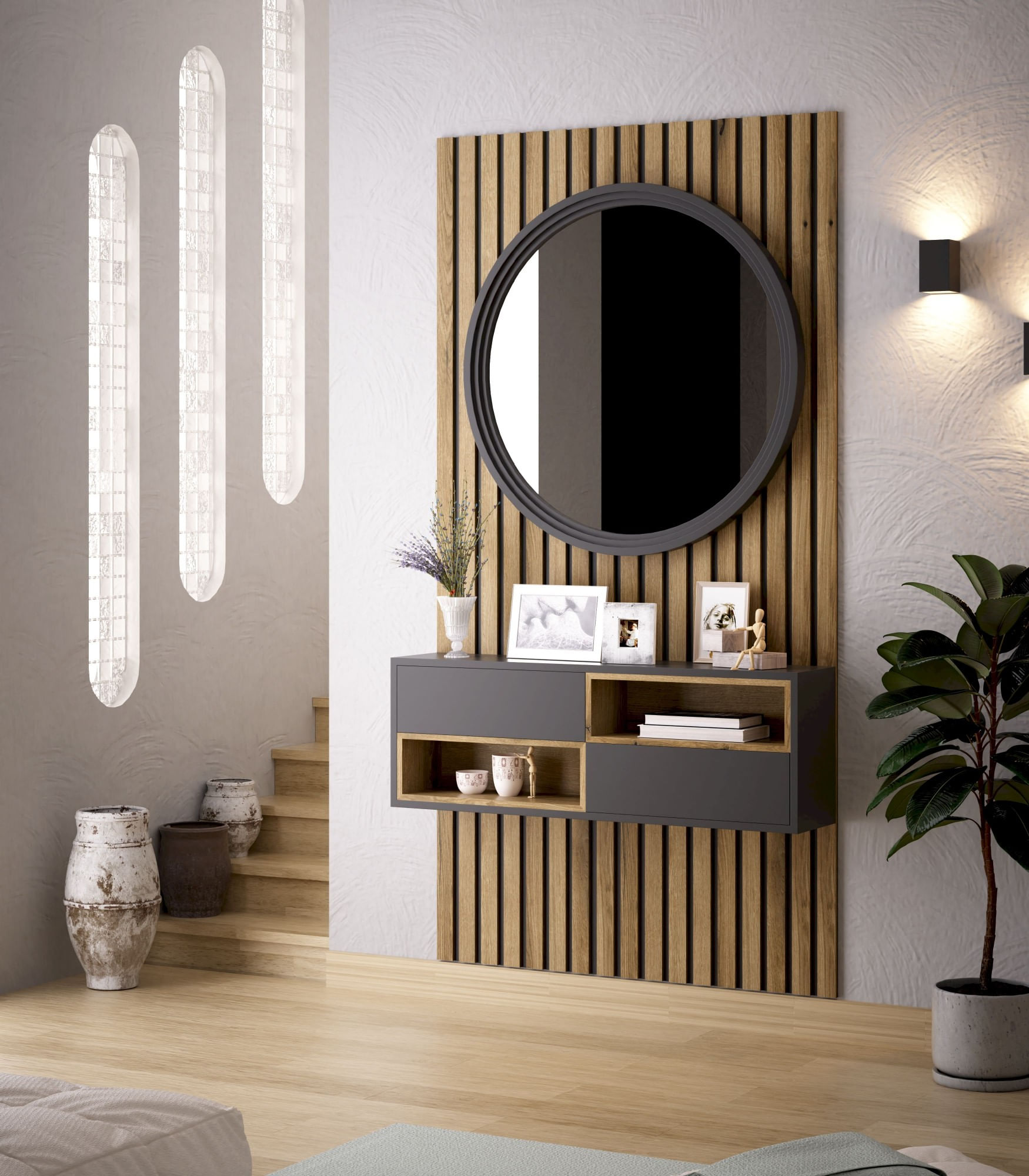 Recibidor Flotante Barpin con Espejo y panel color Negro/Marrón TU MESITA