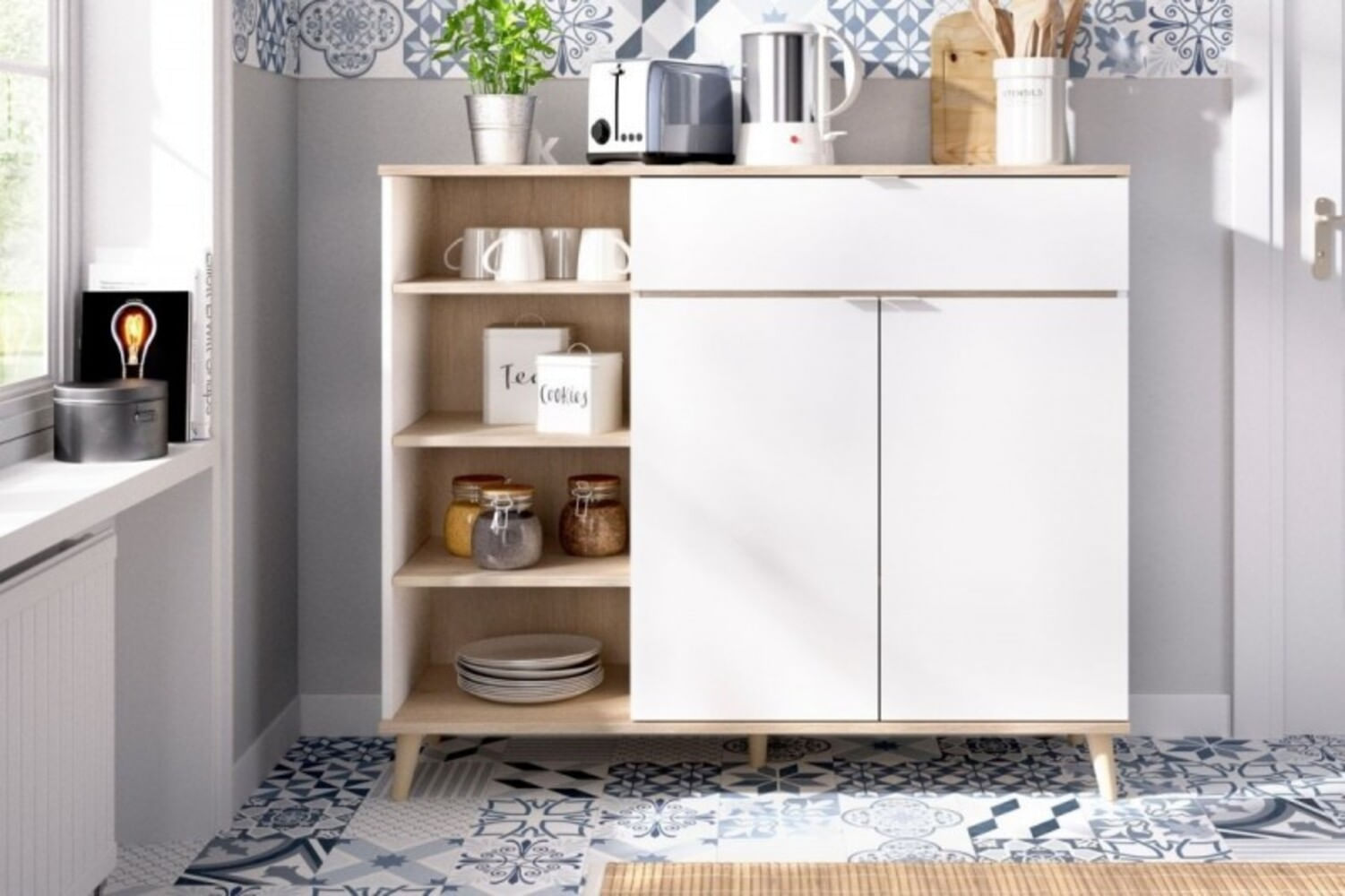 Aparador para Cocina Wok 1 cajón 2 puertas TU MESITA color Blanco/Natural