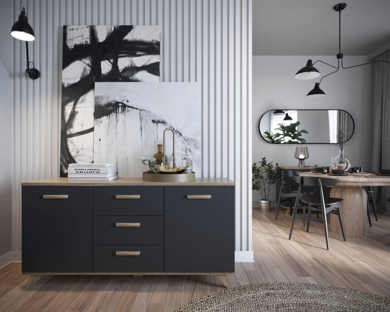 Aparador Moderno Kate color Negro/Duna 3 cajones 2 puertas TU MESITA