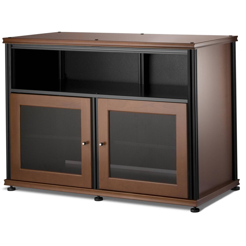 Gabinete AV de Doble Puerta Salamander Designs Synergy 329 (Postes Negros, Acabado Cereza Oscura)