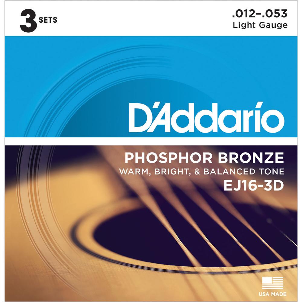 Cuerdas para Guitarra Acústica D'Addario EJ16-3D Light Phosphor Bronze (Paquete de 3, 6 Cuerdas, 12-