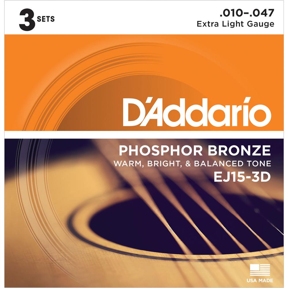Cuerdas para Guitarra Acústica D'Addario EJ15-3D Extra Light Phosphor Bronze (Paquete de 3, 6 Cuerda