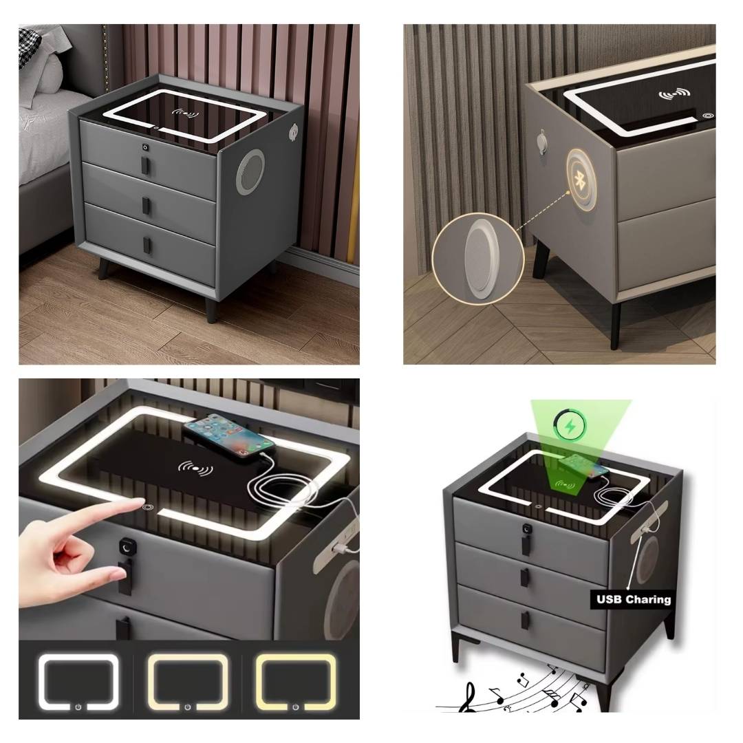 Mesa de Noche Inteligente Multifuncional 5 en 1 Plomo