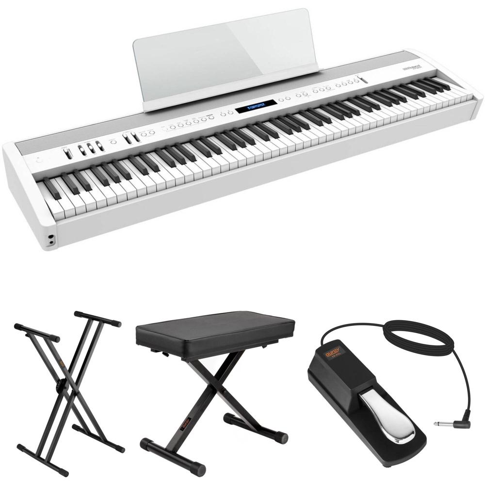 Roland FP-60X Paquete de Valor con Piano Digital, Soporte X, Banco X y Pedal (Blanco) - Modelo Compa