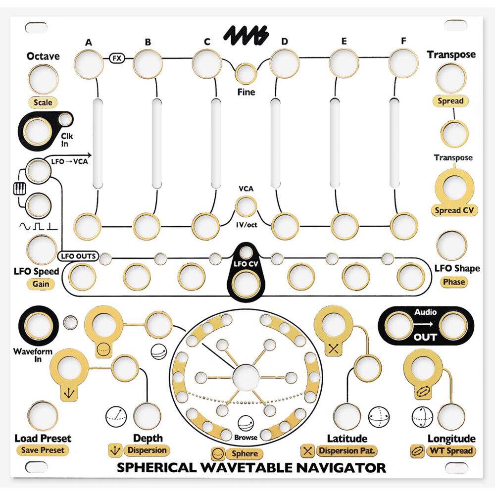 Placa Frontal 4ms Spherical Wavetable Navigator (Blanco, 26 HP) - DIY, Fondo Blanco + Arte Negro y D