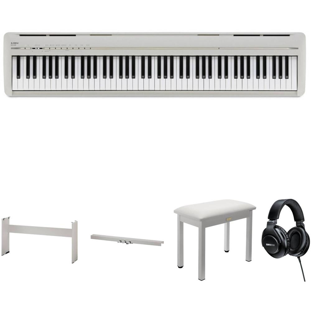 Piano Digital Portátil Kawai ES120 de 88 Teclas con Soporte, Pedal, Banco y Auriculares (Gris Claro)