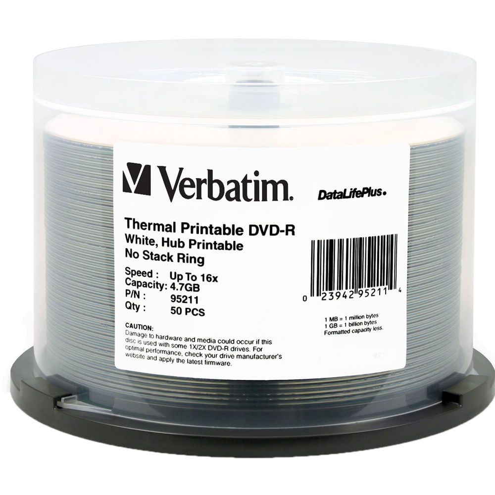 Verbatim DVD-R 4.7GB 16X DataLifePlus, White Thermal Printable, Hub Printable Spindle (Pack of 50) 402565-REG Verbatim DVD-R 4.7GB 16X DataLifePlus, White Thermal Printable, Hub Printable Spindle (Pack of 50) 402565-REG
