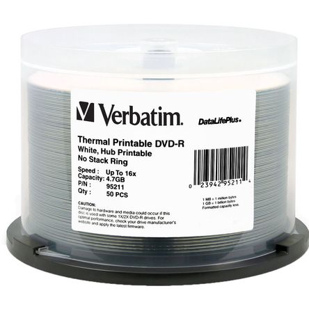 Verbatim DVD-R 4.7GB 16X DataLifePlus, White Thermal Printable, Hub Printable Spindle (Pack of 50) 402565-REG
