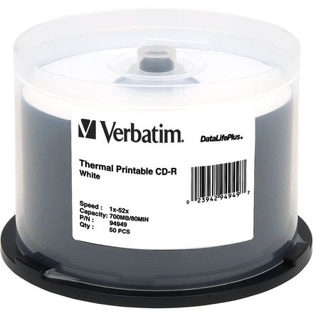 Verbatim CD-R 700MB 52x DataLifePlus Disco Grabable Térmico Blanco (Paquete de 50) 353374-REG