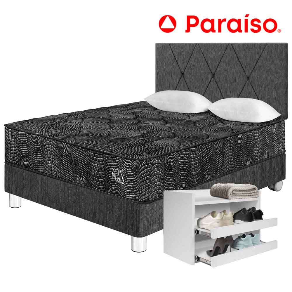 Dormitorio PARAISO Pocket Max Black 2 Plazas + Zapatera + 2 Almohadas + Protector
