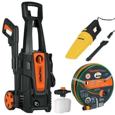 Combo hidrolavadora 1800PSI,  Aspiradora 12V, manguera de 10m TRUPER NEGRO naranja