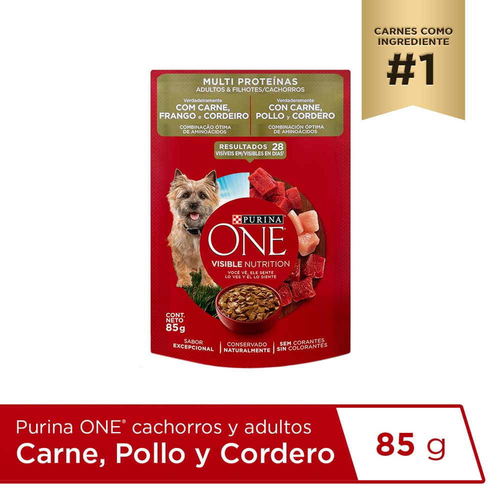Alimento Húmedo para Perro PURINA ONE Adulto y Cachorro Sabor Carne, Pollo y Cordero Pouch 85g Alimento Húmedo para Perro PURINA ONE Adulto y Cachorro Sabor Carne, Pollo y Cordero Pouch 85g