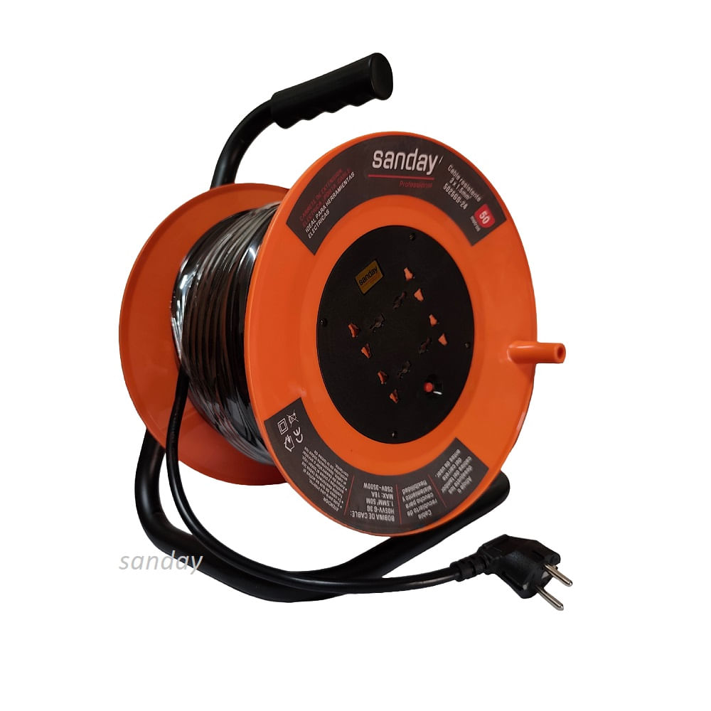 CARRETE EXTENSION DE CORRIENTE ANARANJADO 4 ENTRADAS 50 METROS NEGRO SANDAY