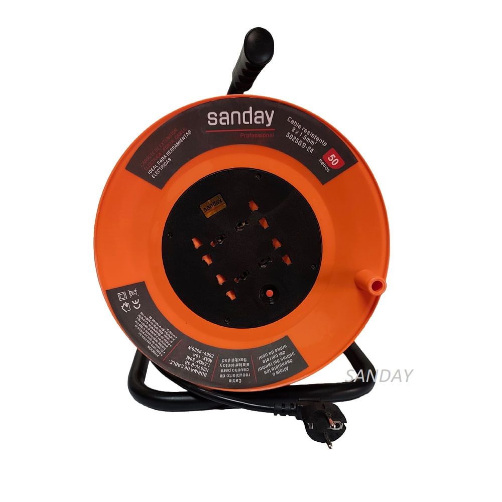 CARRETE EXTENSION DE CORRIENTE ANARANJADO 4 ENTRADAS 50 METROS NEGRO SANDAY