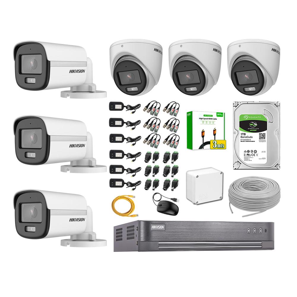 Kit de 6 Cámaras Hikvision Full Hd Noche Color Vu Audio Incorporado Disco 1TB HDMI 3M