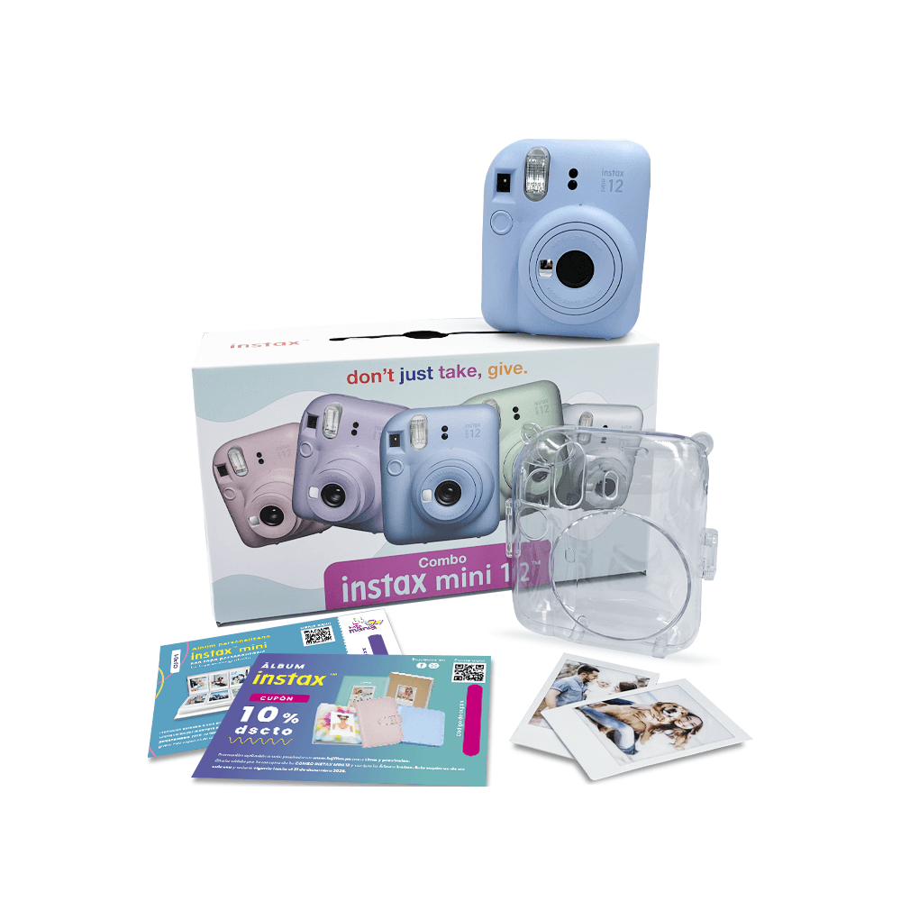 Cámara Instax Fujifilm Mini12 Azul Pastel Pack 10 Estuche II Cupón