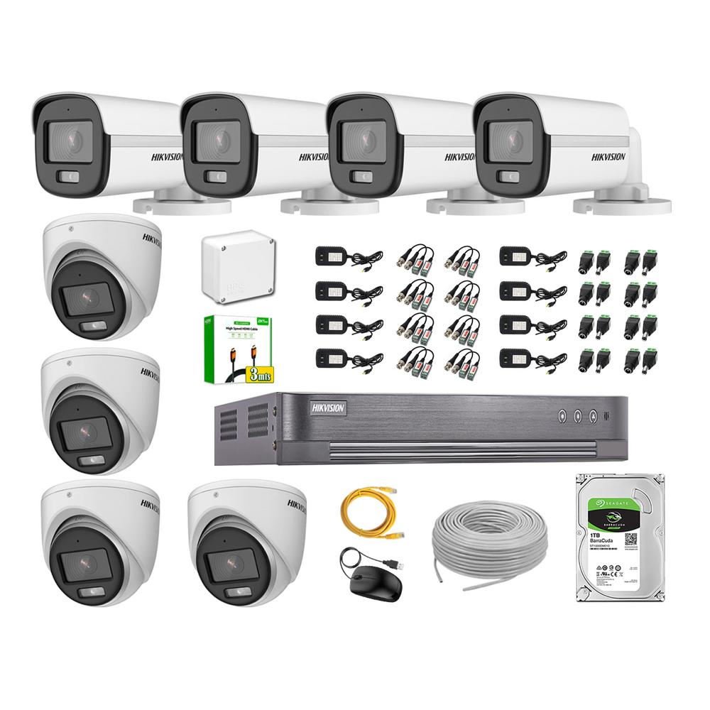 Kit de 8 Cámaras Hikvision Full Hd Noche Color Vu Audio Incorporado Disco 1TB HDMI 3M
